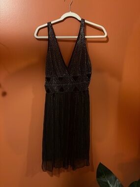Free People Black Beaded V-Neck Mini Dress